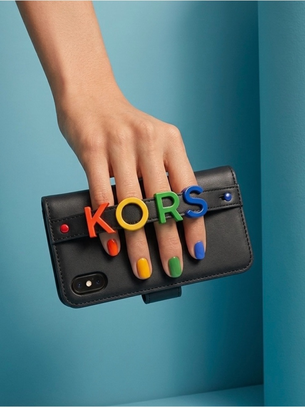 Michael Kors Embellished Leather Folio Multi-Colored Hand-Strap Phone Case